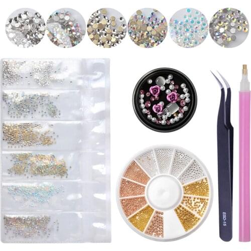 Mix Acrylic Nail Art Rhinestones with Nail Curved Tweezer Flat Back Shiny Tips 3D Nails Art Decorations