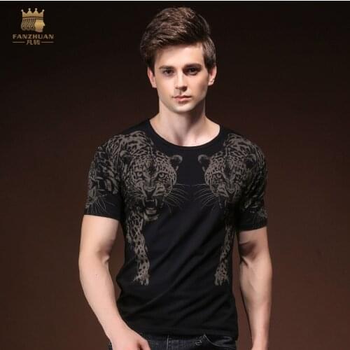 FanZhuan Free Shipping New Male fashion Mens casual 2018 Summer Cheetah 94% cotton Animal Printed Short Sleeved T Shirt 825105
