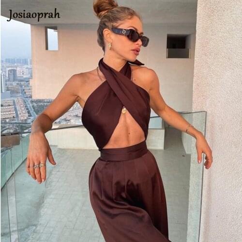 Josiaoprah Halter Sleeveless Sexy Jumpsuit Luxury Silk Satin Solid Flare Pant Romper Elegant Outfit Party Wear Women Jumpsuit