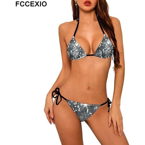 FCCEXIO Women Summer Bikini Set Swimsuit Flash Sequins Print Ladies Bathing Suit Swimwear 2021 Backless Swim Suits Beachwear