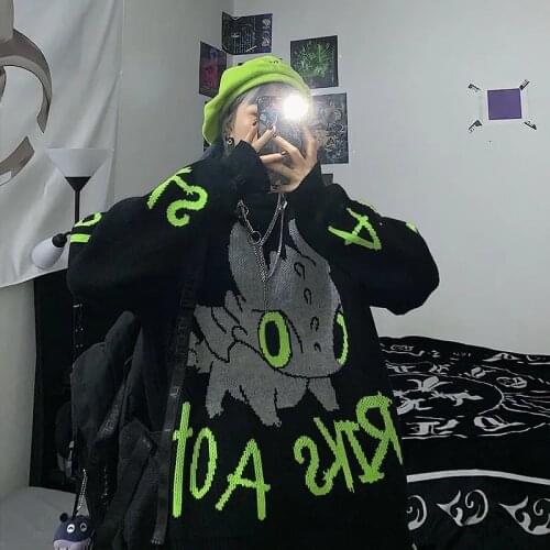 New Korean ins Harajuku style cartoon black sweater women loose long-sleeved knitted top