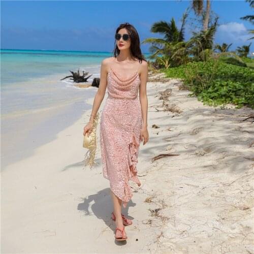 Sexy Pink Leopard Spaghetti Strap Midi Dress Women Summer Runway Designer Ruffles Irregular Slim Dress Beach Party Ladies Dress