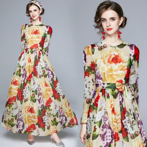 Runway Designer Women Maxi Dress 2021 Spring Autumn Chic Floral Long Sleeve Elegant Dress Ladies Party Lace-up Long Dress