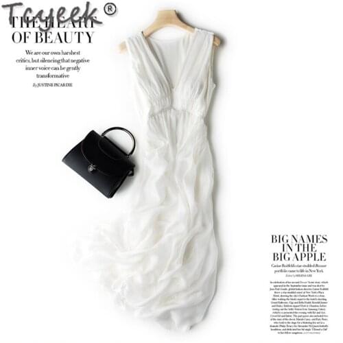 Silk Real Summer Womens Dress Vintage Boho Chiffon Sleeveless Woman Dresses Elegant Part Evening Vestido De Mujer