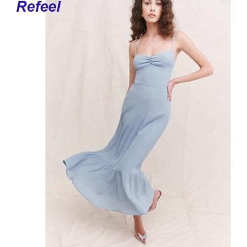 Vintage Center Ruched Women Long Dress Summer Dresses Chic Chiffon Blue Midi Dress Retro Spaghetti Straps Vestidos