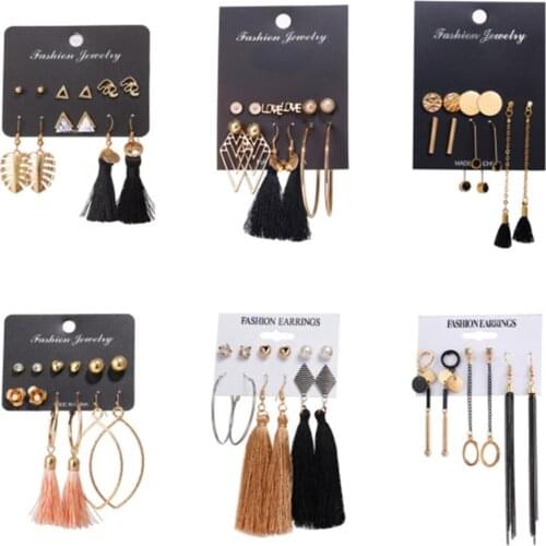 6pair/set Bohemian Women Statement Crystal Pearl Long Tassel Dangle Earrings Set for Female Piercing Brincos Drop Pendientes