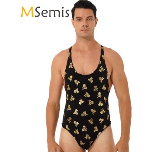 Gay Men Lingerie Teddies Lip/ Skull Print Bodysuit Fashion Round Neck Sleeveless High Cut Leatord One-piece Swimsuit Nightwear