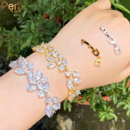 Pera Elegant Leaf Shape CZ Crystal Chain Link Charm Bracelets Bangles with Gold Color for Bridesmaid Wedding Jewelry Gift B217