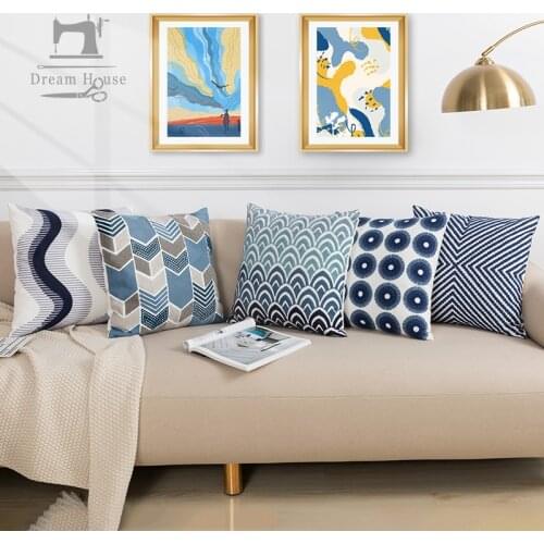 Blue embroidered sofa decorative cushion cover sun flower wave colorful blue jacquard pillow cover geometric home car pillowcase