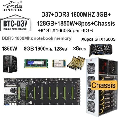 D37 Mining Motherboard Kit with 8GB DDR3 RAM 128GB MSATA 1850W Power Supply 8*Power Cable GTX1660S6GB Graphics Card and Chassis
