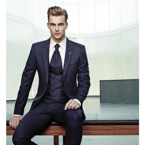 Men Suits Navy 3 Pieces Business Men Suit Set Custom One Button Wedding Dress Blazer Jacket Vest&Trousers