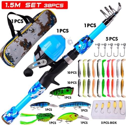 Kids Fishing Pole Set Full Kits With Telescopic Fishing Rod And Spinning Reel Baits Hooks Saltwater Freshwater Travel Pole Set