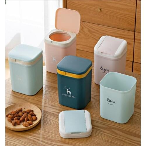 Mini Waste Bin Desktop Home Garbage Basket Table Trash Can Swing with Lid Creative Office Household Mini Trash Can Ashcan Rubbis