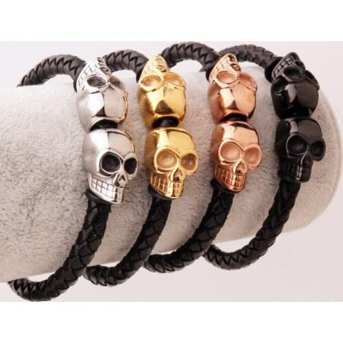 New Fashion Men Jewelry Black Braided Leather Bracelets Men Stainless Steel Leather Bracelets Cool Skull Bracelets Men Bracelet