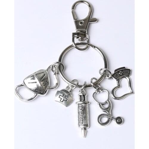 New Nurse Medical Box Medical Key Chain Mask Needle Syringe Stethoscope Cute Angel Spin Keychain Take Care of Yourself Key Ring