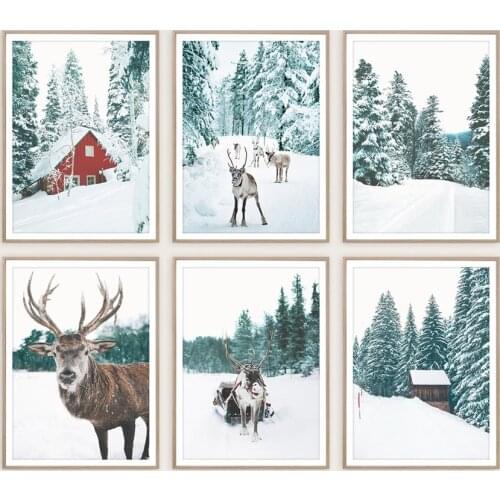 Deer in Snow Winter Tree Poster Nordic Wall Art Canvas Painting Wall Pictures for Living Room Home Decoration Christmas Decor