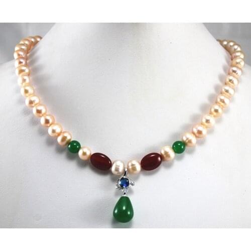Wholesale/retail 8mm pink pearl & red necklace+green Jade crystal pendant