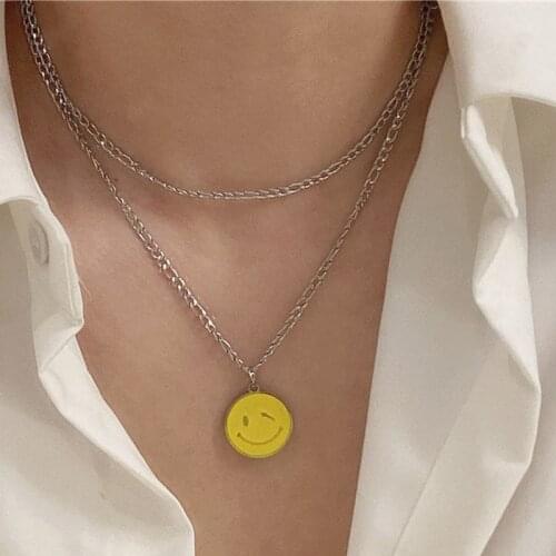 Origin Summer Trendy Double-Layer Smile Face Pendant Necklace for Women Stainless Steel Yellow Enamel Metal Necklace Jewelry