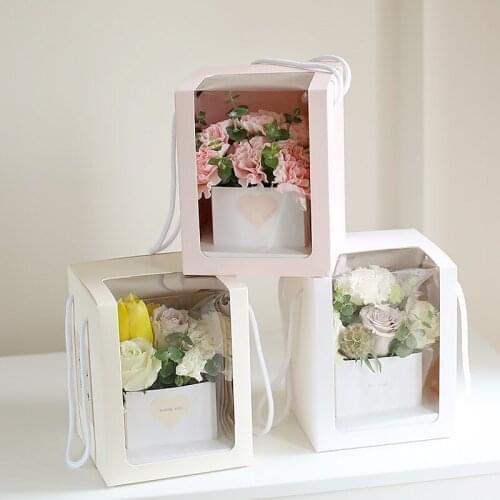 Flower Gift Paper Boxes Clear Window Transparant Square Shape Portable Gift Packing Boxes Flower Packing Boxes Flower Bags