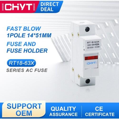 RT18-63 AC 500V 14×518mm fast blow ceramic tube fuse 32A 40A 50A 63A 14*51mm with fuse holder base