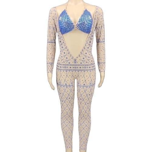 Gauze Tights Jumpsuit Plaid Pattern Printing Rhinestones Decoration Bra Nightclub Dance Show Wear Stage Wear Lady Shiny Costume