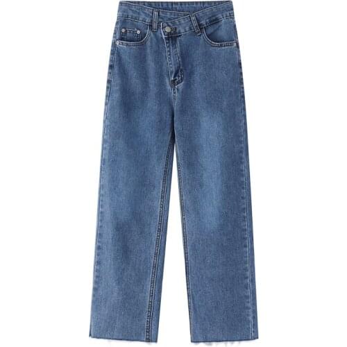 Shnsophi Denim Jeans Womens High Waist Autumn Oblique Buckle Korean Blue Jeans Straight Ladies Denim Skinny Pencil Trouser 2021