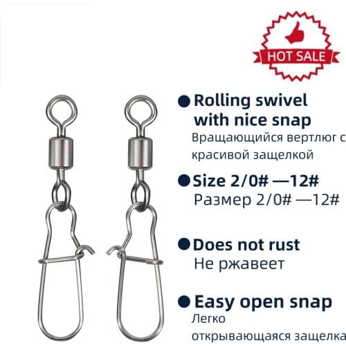 TIANNSII 50PCS Fishing Swivel&Snap Pin Bearing Rolling Swivel Stainless Steel Snap Fishing Connector Fishhook Lure Swivels Snap