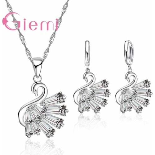 Unique Swan Design Crystal Women Pendant Necklace Cute 925 Sterling Silver Girl Earrings Set Wedding Party Fast Shipping