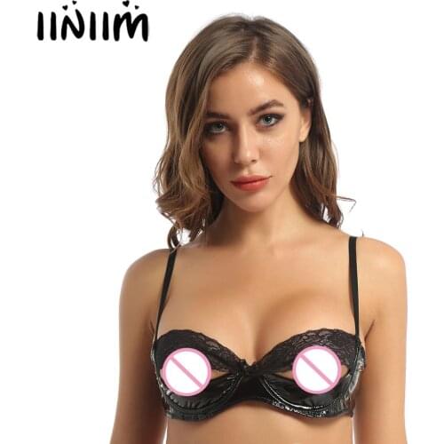 Womens Female Lace Splice Patent Leather Unlined Bra Tops Open Cup Bra Hole Sissy Ladies Exotic Lingerie Bras Sexy Nightwear