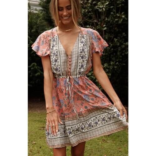 Happie Queens women Vacation floral print V-neck casual Bohemian mini dress Summer ladies short sleeve sashes dresses vestidos