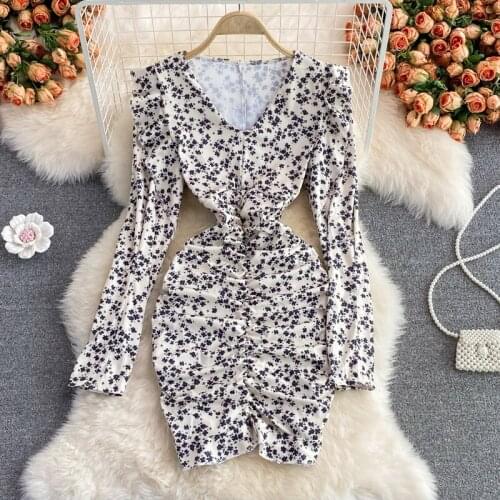 Floral Print Long Sleeve Womens Dress 2021 New Fashion V-neck Ruffles Slim High Waist Ruched Mini Bodycon Party Dress Vestidos