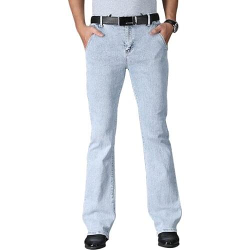 2021 Micro Flared Jeans Men Boot Cut Denim Pants Drawstring Stretch Waist Comfortable Fashion Slim Male Light Blue Trousers