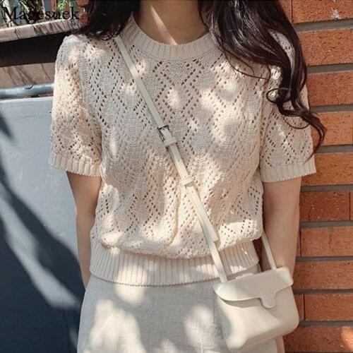 Hollow Out Knitted Blouse Women Summer New Short Sleeve Round Neck Thin Jersey Tops Korean-Style All-match Blouse 8788 50