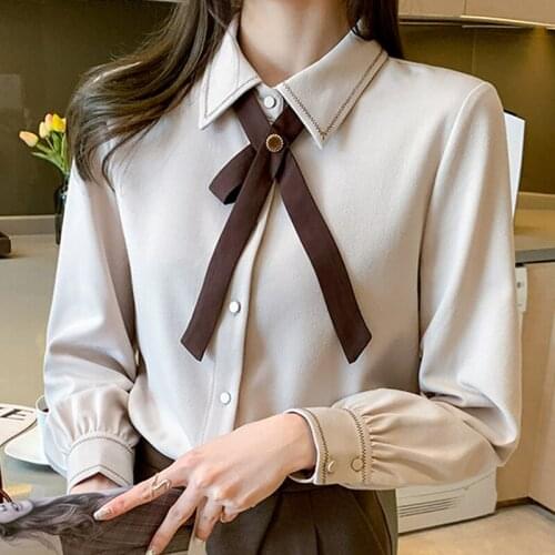 Blouse Women Blusas Mujer De Moda 2021 Bow Turn Down Collar Office Lady Blouse Shirt Long Sleeve Blouse Tops Women Blusa E125