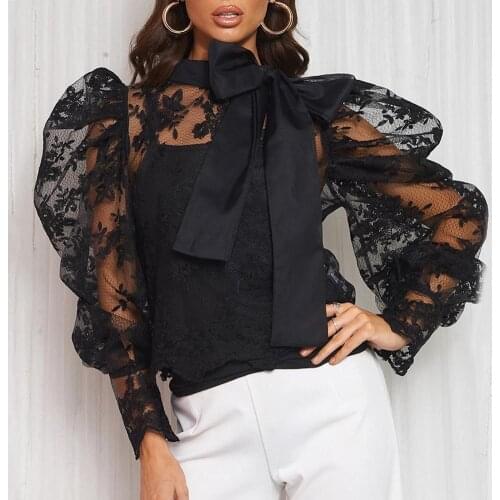 Sexy Women Long Puff Sleeve See Through Floral Embroidery Bow Decor Casual Blouse Top Female Shirts Short Streetwear