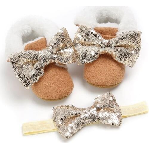 Newborn Toddler Baby Booties for Girls With Hair Band Snow Boots Anti-Slip Crib Shoes Winter Warm Big Bowknot Booties