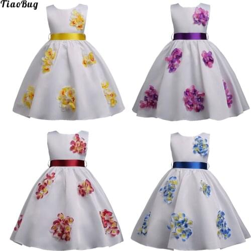 TiaoBug Kids Girls 3D Applique Beading Puffy Dress Round Neck Sleeveless Pleated Party Dress With Satin Belt For Wedding Party
