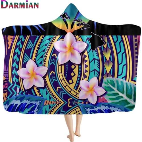 DARMIAN Colorful Polynesian Tribe Plumeria Print Sherpa Fleece Wearable Hooded Blanket for Adult Kids Autumn Soft Throw Blanket