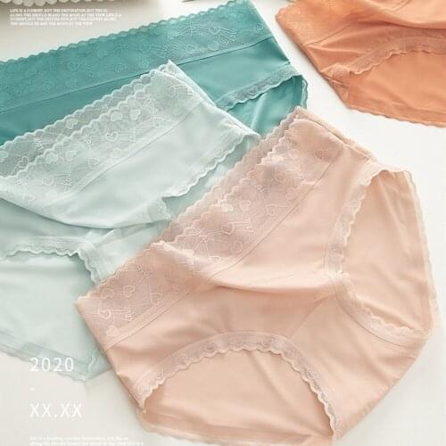 Mid Waist Love Lace Sexy Traceless One Piece Pure Silk Cotton Antibacterial Crotch Girls Triangle Underwear Open Panties Ouvert