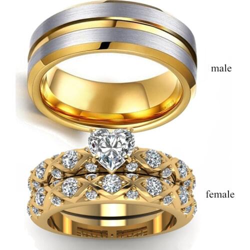 Gold fashion mens ring, heart-shaped zircon womens ring, engagement wedding jewelry set fashion accessories
