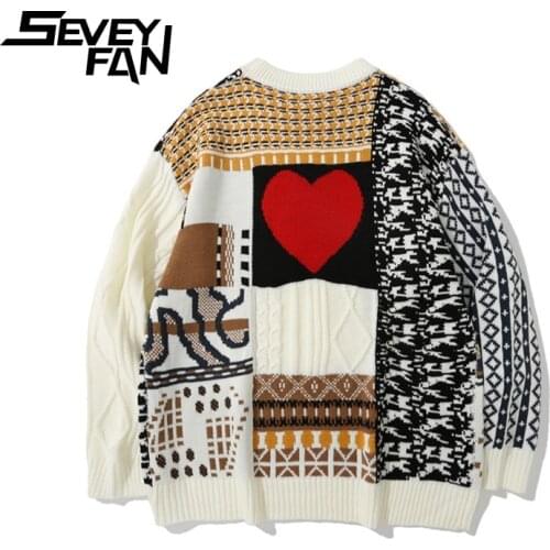 SEVEYFAN Mens Fashion Love Pattern Jacquard Sweaters Color Contrast Twisted Kintwear Hip Hop Pullover Sweater for Couples