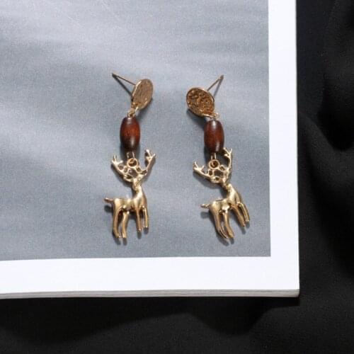 2020 New Trendy Geometric Stitching Earrings for Women Wooden Beads Alloy Elk Shape Long Dangle Earrings Female Jewelry