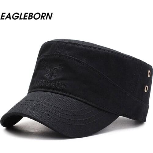 2021 New Men Black Navy ArmyGreen Military Hats Outdoor Hat Eagle Embroidery Logo Flat 100%Cotton Cap Military Caps Sports Us