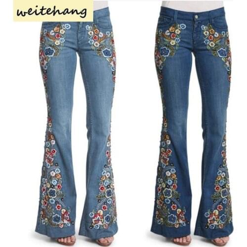 Spring New Women Embroidery Destoryed Flare Jeans Plus Size Vintage Wide Leg Mom Jeans High Waist Slim Slimming Flared Jeans 383