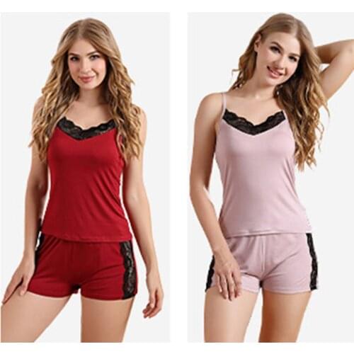 New High-End Modal Ladies Summer Sexy Sling Pajamas Suit Knitted Cotton Lace Home Service