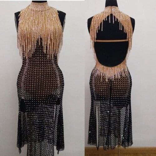 Grid Rhinestone Latin dance dress sexy halter tassel stage singer costumes latin dance competition dresses