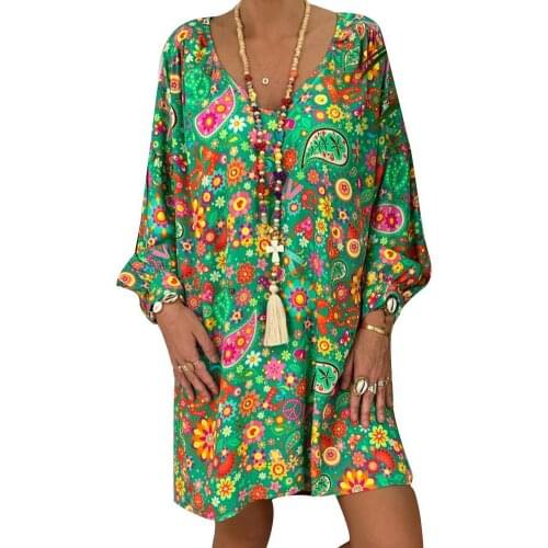 Summer Travel Beach Women Dresses Casual Colorful Long Puff Sleeve V Neck Loose Mini Dress Plus Size Boho Floral Print Sundress