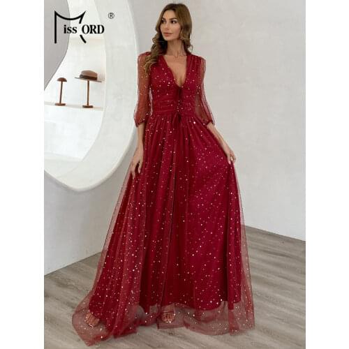 Missord Evening Party Dress Women Sexy Deep V Neck Female Half Sleve Print Long High Split Mesh Maxi Dres Beach Red Dress M01059