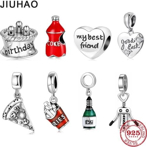 Food Pendant 925 Sterling Silver Charms Pizza Cake Cola Drink Beads Fits Original Designer Charm Bracelets Jewelry Making