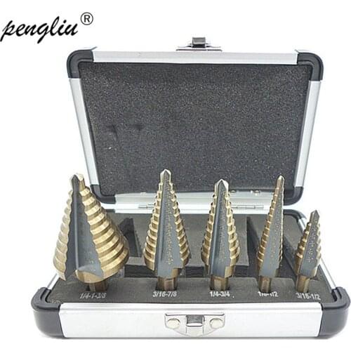 5Pcs/Set HSS Cobalt Step Drills Multiple Hole 5 Sizes Aluminum Case Titanium Cone Drill Hole Cutter Core Drill Bits 2019